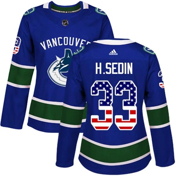 Damen Vancouver Canucks Trikot Henrik Sedin 33 Blau USA Flag Fashion Authentic